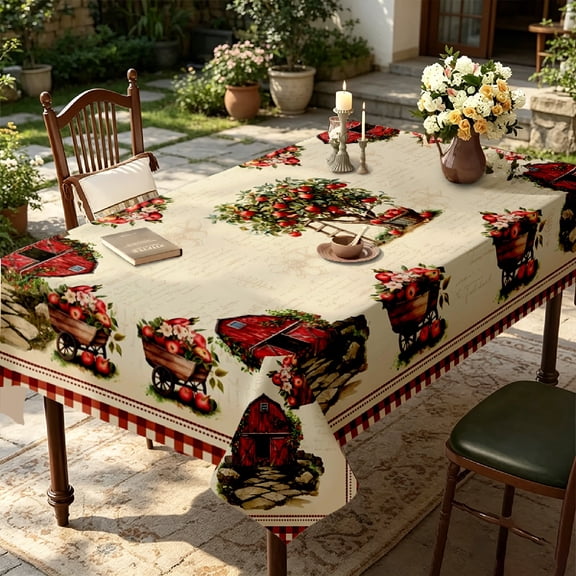 Rustic Farmhouse Fall Apple Cart Harvest Print Tablecloth, Family Festival Gathering Dinner Table Decor, Thanksgiving Christmas Gift