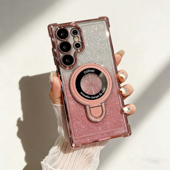 For Samsung Galaxy S25 FE Phone Case,With Contractile Ring Kickstand,With Gradient Glitter Back Design,Built-in Lens Protector,Four-cornered Rasied Anti-fall Shockproof Phone Case,Pink