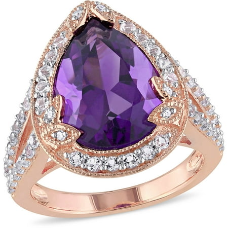 Tangelo 5-7/8 Carat T.G.W. Amethyst and White Topaz with Diamond-Accent Rose Rhodium-Plated Sterling Silver Teardrop Design Cocktail Ring