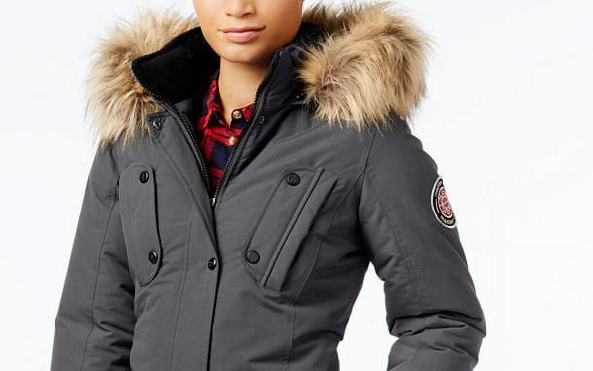 MADDEN GIRL Womens Gray Faux Fur Pocketed Hooded Zippered Parka Winter Jacket Coat Juniors L - image 2 of 3