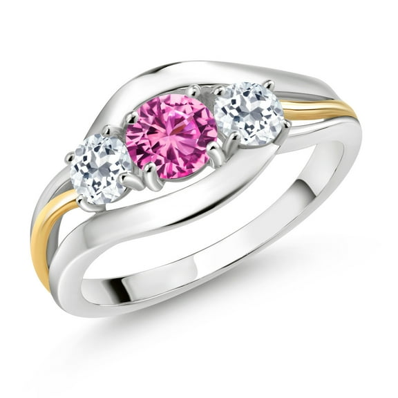 Gem Stone King 1.21 Cttw Round Pink Created Sapphire and White Topaz 3 Stone Ring for Women | 925 Sterling Silver and 10K Yellow Gold | Three Stone Wedding Engagement Anniversary Ring | Size 5