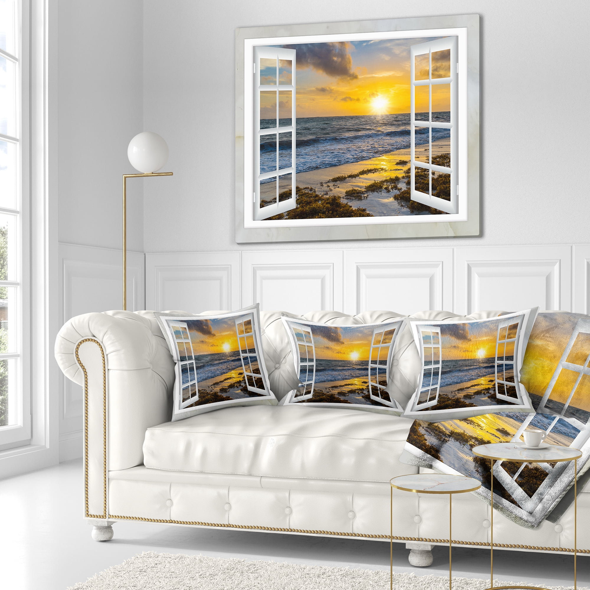 Designart Open Window to Bright Yellow Sunset - Modern Seascape Throw Pillow - 18x18