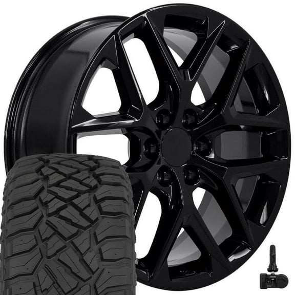 OE Wheels CV62 22 Inch Rims and Tires Fit Silverado 1500 Style 6x139.7 22x9 Gloss Black - Hollander 14078 - TerraMax RT 285/45-22 (Set of 4)