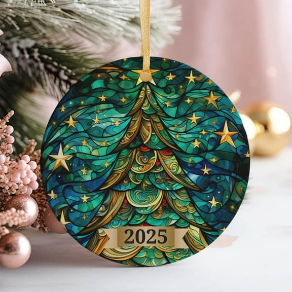 2025 Christmas Tree Ornament Shatterproof Christmas decorations Stained Glass Style Round 2D Flat Acrylic Decoration for Tree, Holiday Decor, Navidad Decorations