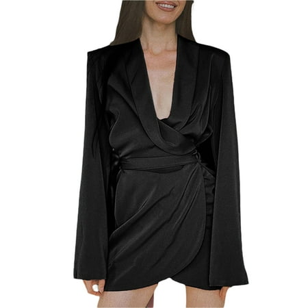 

MISOWMNJOY Women s Short Office Dress Casual Solid Color Satin V Neck Long Sleeve Belted Elegant One-Piece with Shoulder Pads