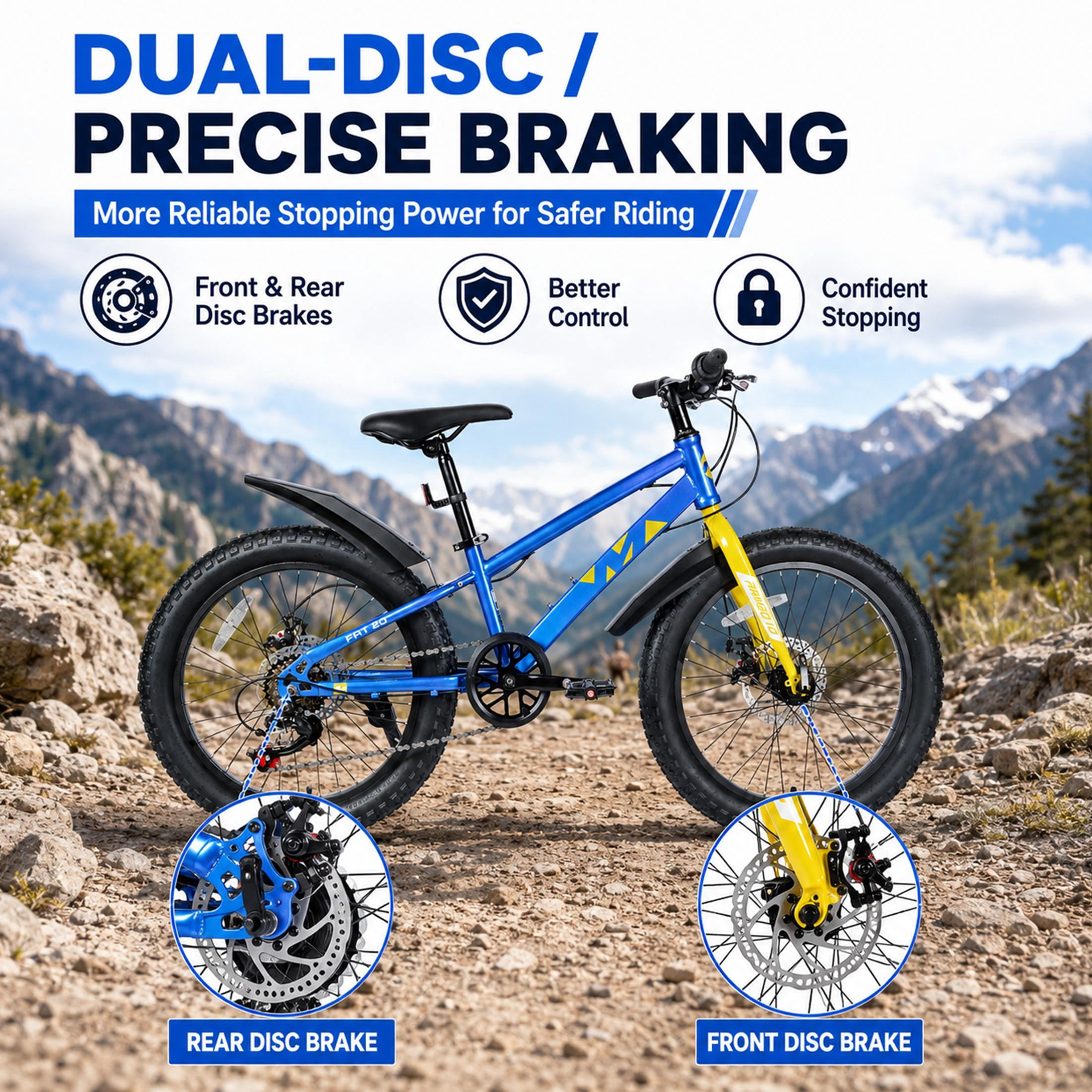 20 Inch Kids Mountain Bike for Boys and Girls Ages 5-12, 7-Speed Fat Tire Bicycle with Dual Disc Brakes and Suspension Fork, Blue Children’s Outdoor Bike for Sand, Snow, and Trail Riding