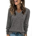 thumbnail image 2 of Women’s Solid Color V Neck Pullover – Long Sleeve Casual Blouse with Vertical Stripe Texture, Soft Comfortable Loose Fit Shirt for Daily, Office, or Travel Dark Gray, 2 of 5