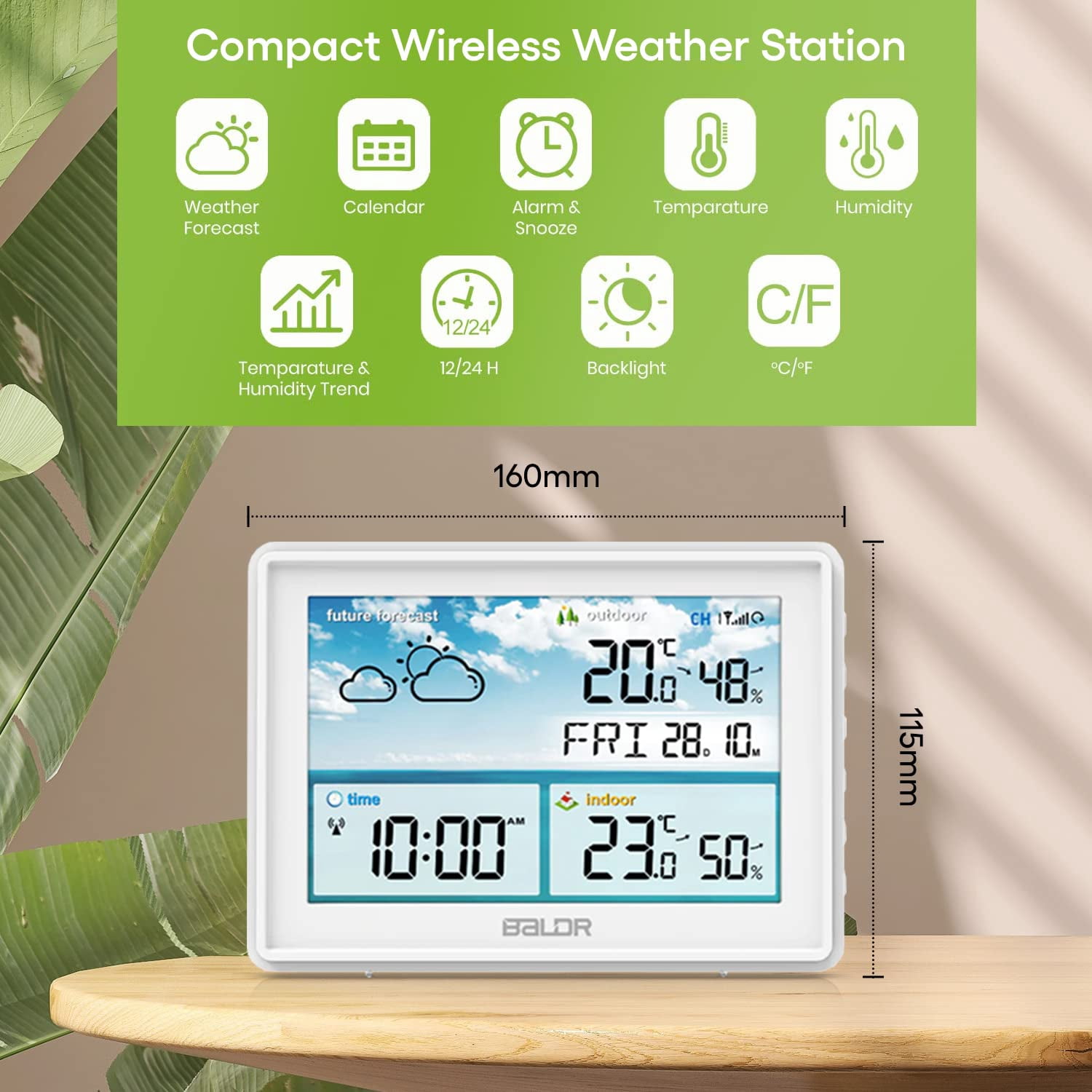 Baldr Weather Station with Indoor Outdoor Thermometer, Wireless Sensor, Atomic Clock, Humidity Monitor, White