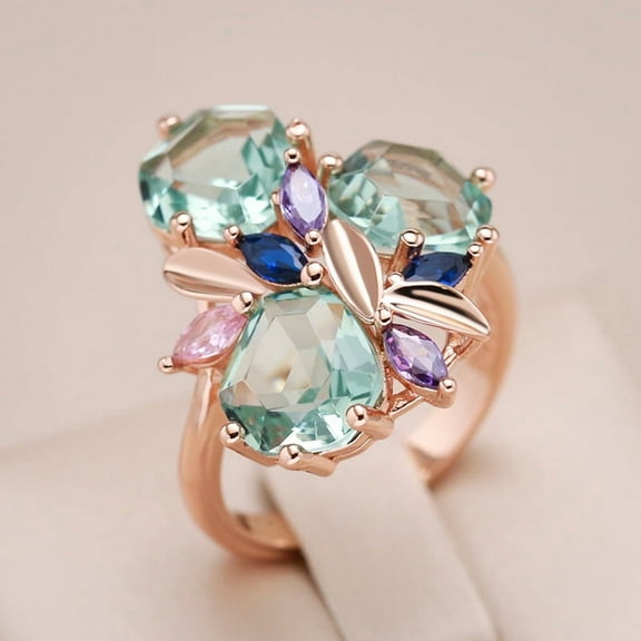 Kinel Fashion Unique Green Stone Big Ring for Women Mosaic Rhombus Natural Zircon Rose Gold Color Vintage Wedding Jewelry