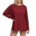 thumbnail image 3 of Women's Oversized Long Sleeve Workout Tshirts with Side Slit Fall Fashion Gym Casual Basic Tops Style Loose Tees for Daily Fitness | CSEONE,Wine L, 3 of 9