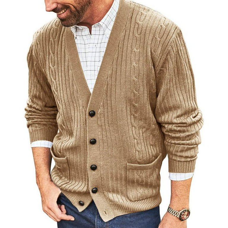 KaLI store Cardigan Men Cardigan Sweaters for Men Casual Shawl Long Sleeve Color Block Knited Sweaters Khaki M