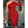 thumbnail image 4 of Women's Sexy One Shoulder Long Sleeve Sequin Sparkle Dress Ruched Evening Gown Midi Formal Dresses, 4 of 8