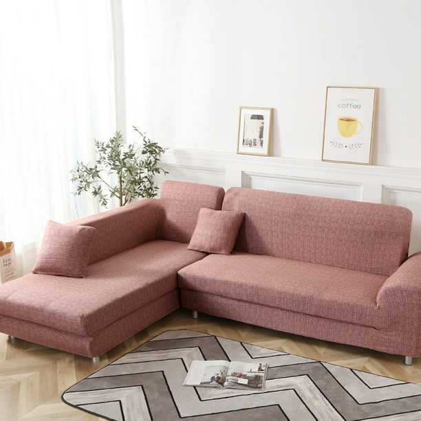 L Shape Sofa Covers Sectional Sofa Cover 2pcs Polyester Fabric Stretch Slipcovers + 2pcs Pillow