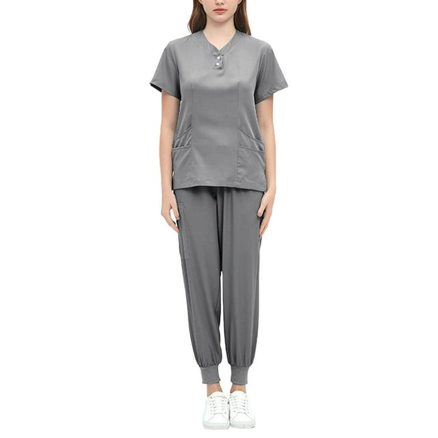 Conjunto de uniforme exfoliante para mujer, traje lavable a máquina con cuello en V, cintura elástica, ropa de trabajo para enfermera, ropa de trabajo Gris