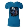 thumbnail image 2 of American Flag Howling Wolf Animal Lover Womens Slim Fit Junior Tee, Turquoise, X-Large, 2 of 3