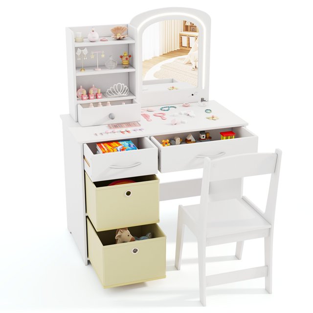 Gymax Kids Vanity Set Princess Makeup Desk & Chair w/ Mirror & Lights Open Shelves White