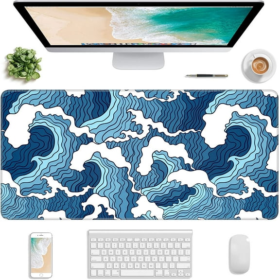 Extended Gaming Mouse Pad, Japanese Blue White Wave Mousepad, XL Large Mouse Mat Desk Pad 31.5*11.8 Inch, Waterproof Anime Mouse Pad with Stitched Edges and Non-Slip Base for Office Gaming