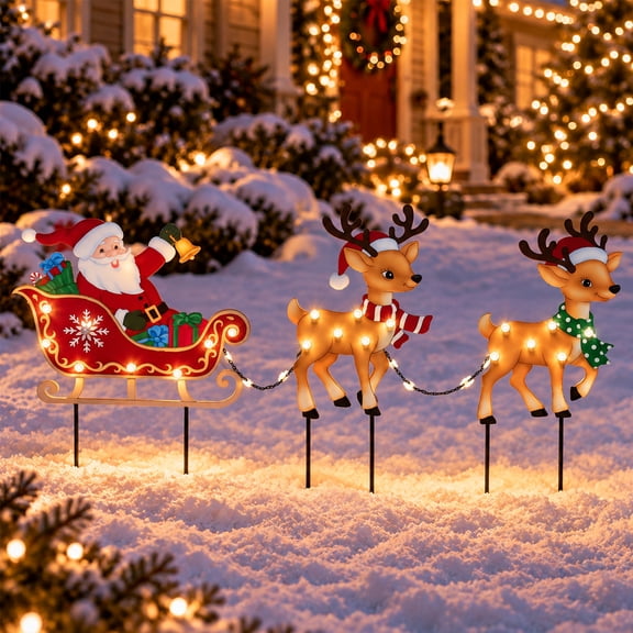 Lighted Christmas Yard Stake Set, Santa in Sleigh with Gift Boxes & 2 Scarfed Reindeer, LED Outdoor Garden Lawn Pathway Holiday Decor Ornaments