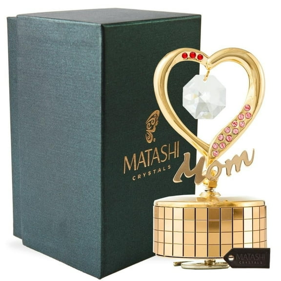Matashi Mom Heart Wind-Up Music Box with Crystals, Amazing Grace Tabletop Collectible Mother’s Gift Décor, Silver