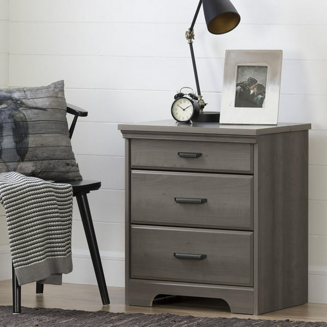 South Shore Versa Nightstand with Charging Station and Drawers for Adult, in Gray Maple