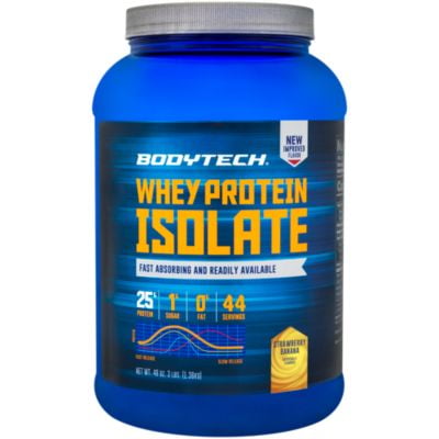 BodyTech Whey Protein Isolate Powder  With 25 Grams of Protein per Serving  BCAA's  Ideal for PostWorkout Muscle Building  Growth, Contains Milk  Soy  Strawberry  Banana (3