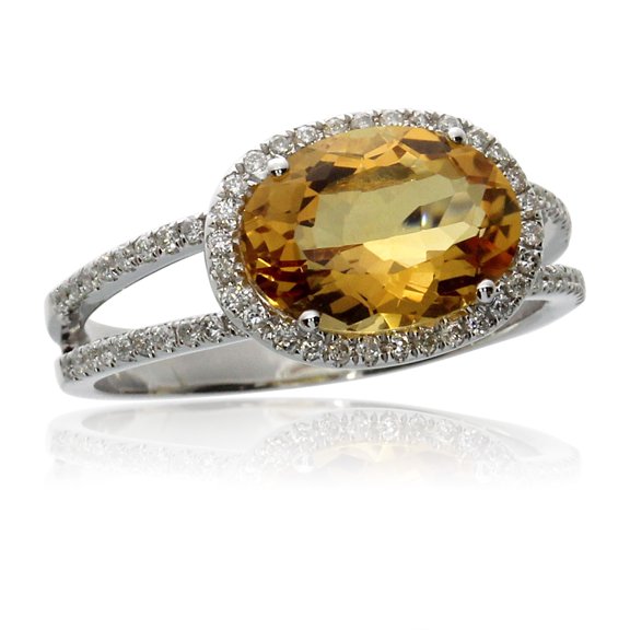 14k White Gold Side Oblong Citrine And Diamond Ring