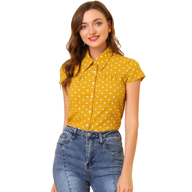 Camiseta de Manga Corta Unique Bargains Vintage Con Lunares Para Mujer Amarillo S