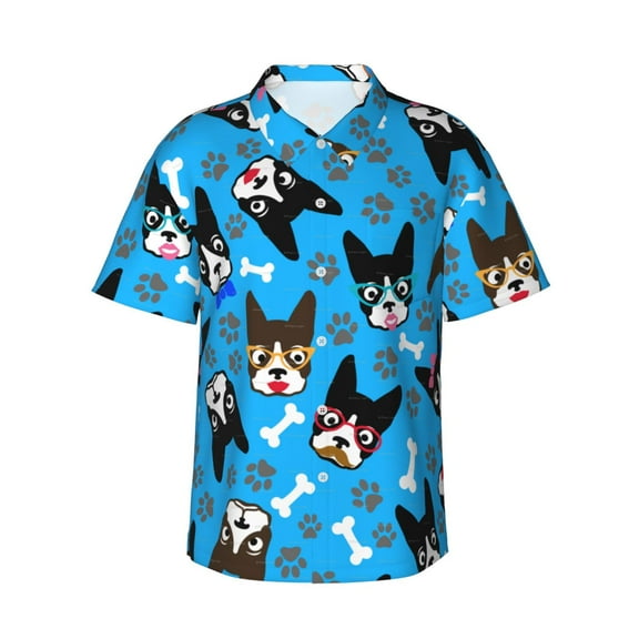 Boston Terrier Dog Men'S 3d Print Casual Button Down Shirts, Novelty Hawaiian Short Sleeves 2xl