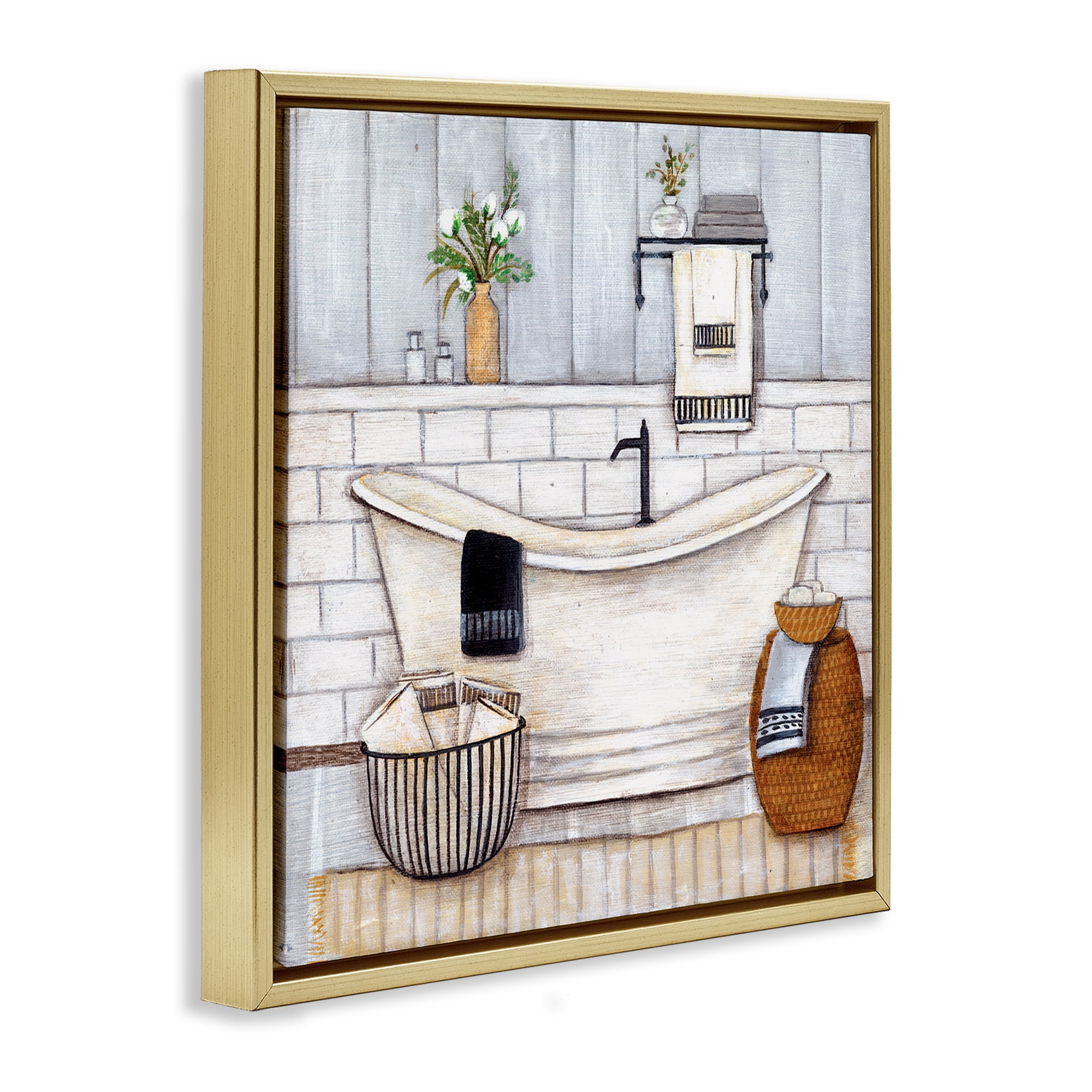 Stupell Industries Bathroom Farmhouse Style Tub Abstract Painting Gold Floater Framed Canvas Art Print Wall Art, 18 x 18