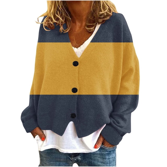 Kaemgyyd Plus Size Cardigans for Women Lightweight Color Block Trendy Fall Sweaters V Neck Button down Knit Tops