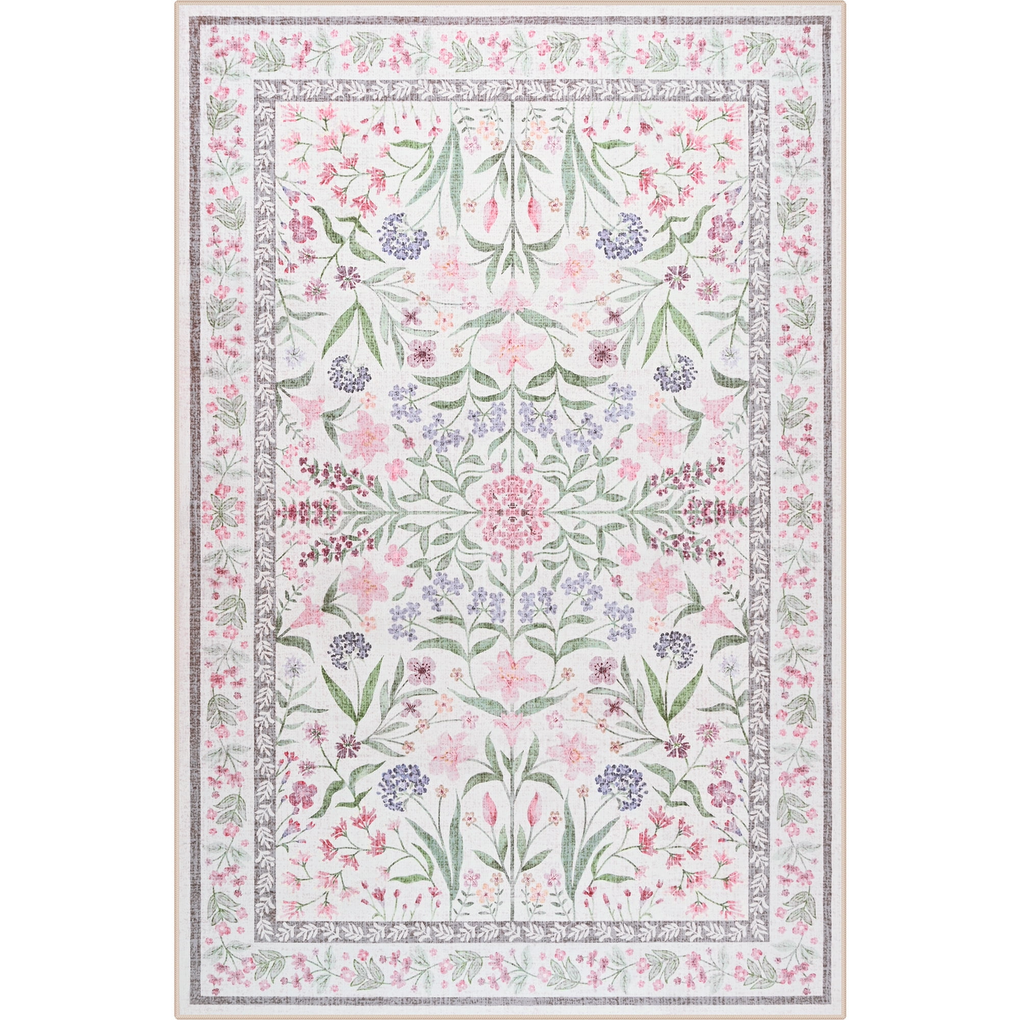 Astorug 4x6 Ft Pink Floral Area Rug - Machine Washable Low Pile Non-Slip Carpet, Boho Vintage Farmhouse Decor for Living Room, Bedroom, Nursery & Office