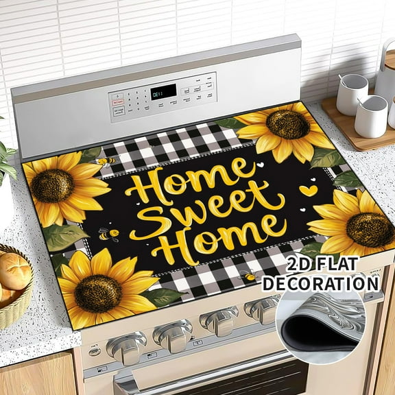 Rustic Sunflower Stove Top Covers for Electric Stove, 28'x20'' Country Floral Pastoral Black  Plaid Glass Ceramic Stove Cover , Mat Heat Resistant Cooktop Protector for Kitchen