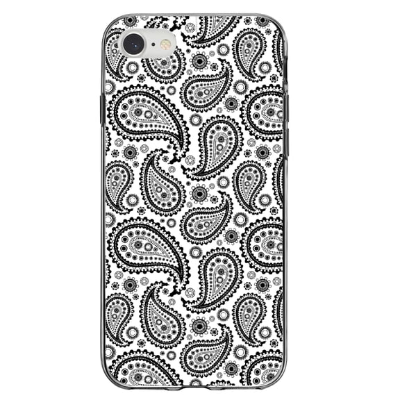 DistinctInk Clear Shockproof Hybrid Case for iPhone 7 8 SE (2020 Model) 4.7" Screen TPU Bumper Acrylic Back Tempered Glass Screen Protector - Black & White Paisley