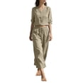 thumbnail image 2 of Women's Linen Cotton Two Piece Set, V Neck Half Sleeve Button Down Top & Drawstring Wide Leg Pants, Breathable Casual Outfit Set for Work Office and Daily Wear Green XXL, 2 of 4