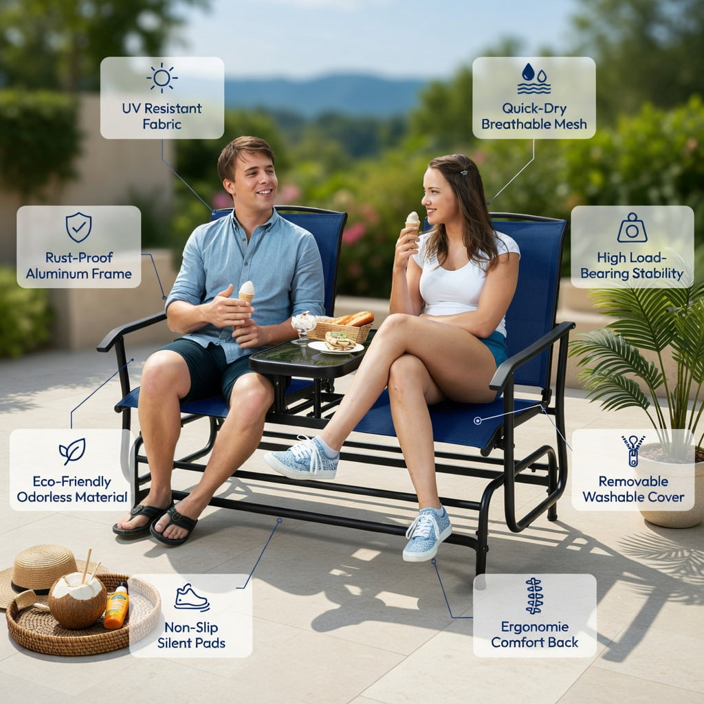Hommoo 2-Person Outdoor Rocking Loveseat with Tempered Glass Center Table, Steel Frame & Mesh Fabric, Navy