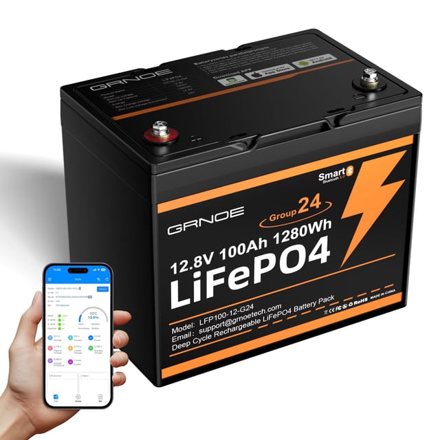 Batería de litio GRNOE 12V 100Ah LiFePO4 con Bluetooth BCI Group 24