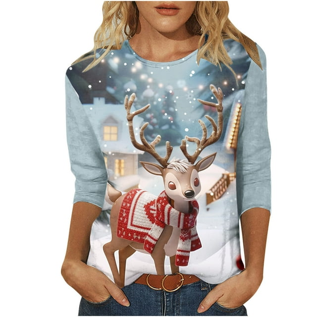 Liquidation Staron Chandail de Noël pour Femmes Manches 3/4 T-Shirts de Renne de Noël Col Rond Hauts Amples Décontractés Blouses Graphiques Fluides de Noël Chemisiers Noirs m