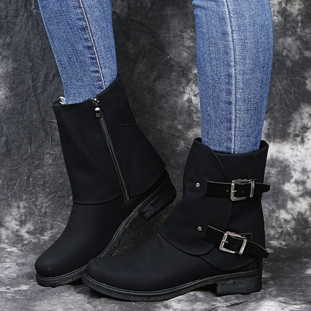 

Retro Women Leather Square Heel Zipper Solid Color Short Booties Round Toe Shoes