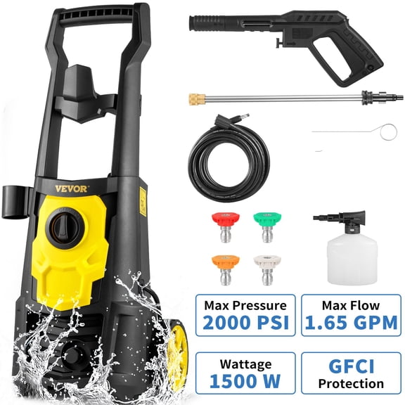VEVOR Electric Power Washer, 2000 PSI, Max 1.65 GPM Pressure Washer with 30 ft Hose & Reel, 5 Quick Connect Nozzles, Foam Cannon, Portable to Clean Patios, Cars, Fences, Driveways, ETL Listed