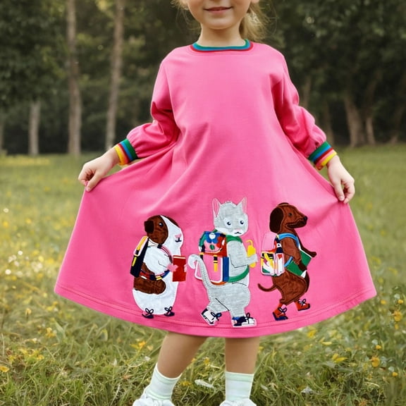 Cowsor Girls Cotton Long Sleeve Casual Cartoon Appliques Striped Jersey Dresses