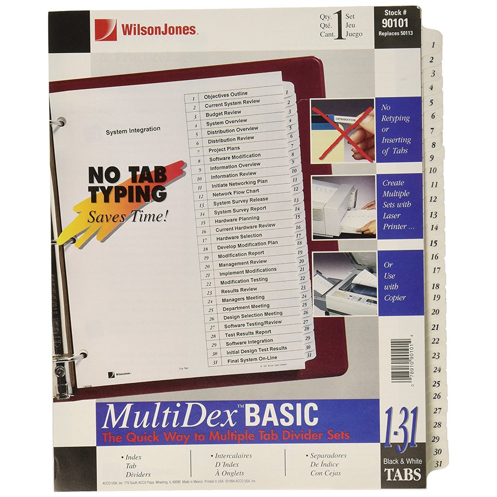 MultiDex Index Dividers, 131 Tabs, for 8.5 x 11 Inch Sheets, White Tabs Numbered in Black