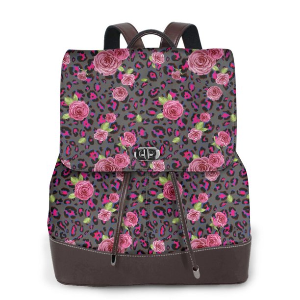 Balery Rose Mix Leopard 2 Mochila de Cuero para Mujeres, Gran Capacidad, Bolsa de Viaje Multifuncional, Mochila de Cuero y Bolsa de Hombro para Mujeres