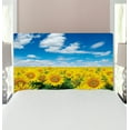thumbnail image 1 of Sunflower Headboard, Fresh Sunflowers Field Under Clear Sky Clouds Countryside Farm Picture, Upholstered Decorative Metal Bed Headboard with Memory Foam, Twin Size, Blue Green Yellow, by Ambesonne, 1 of 4