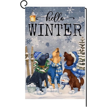 Hello Winter Dogs Garden Flag 12x18 Vertical Double Sided Farmhouse Welcome Christmas Holiday Outside Decorations Burlap Yard Flag BW546