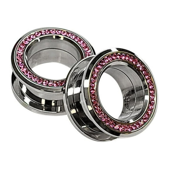 Pair of Screw Fit Surgical Steel Flare Tunnels with Press Fit Pink CZ Jewels