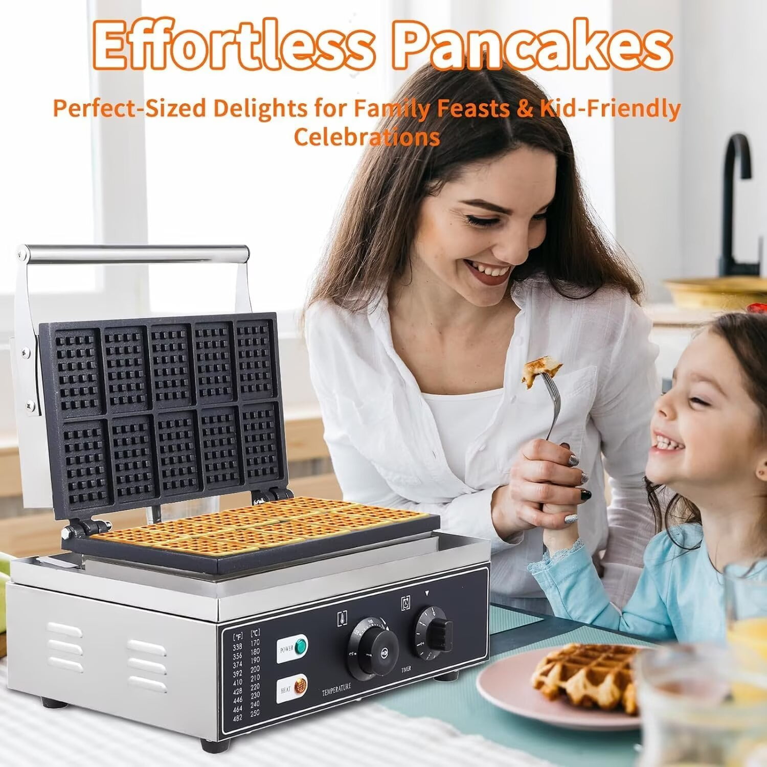 Commercial Waffle Maker, 10pcs Nonstick Stainless Steel Waffle Maker Machine, 2400W 110V, Time and Temperature Control for Restaurant Home
