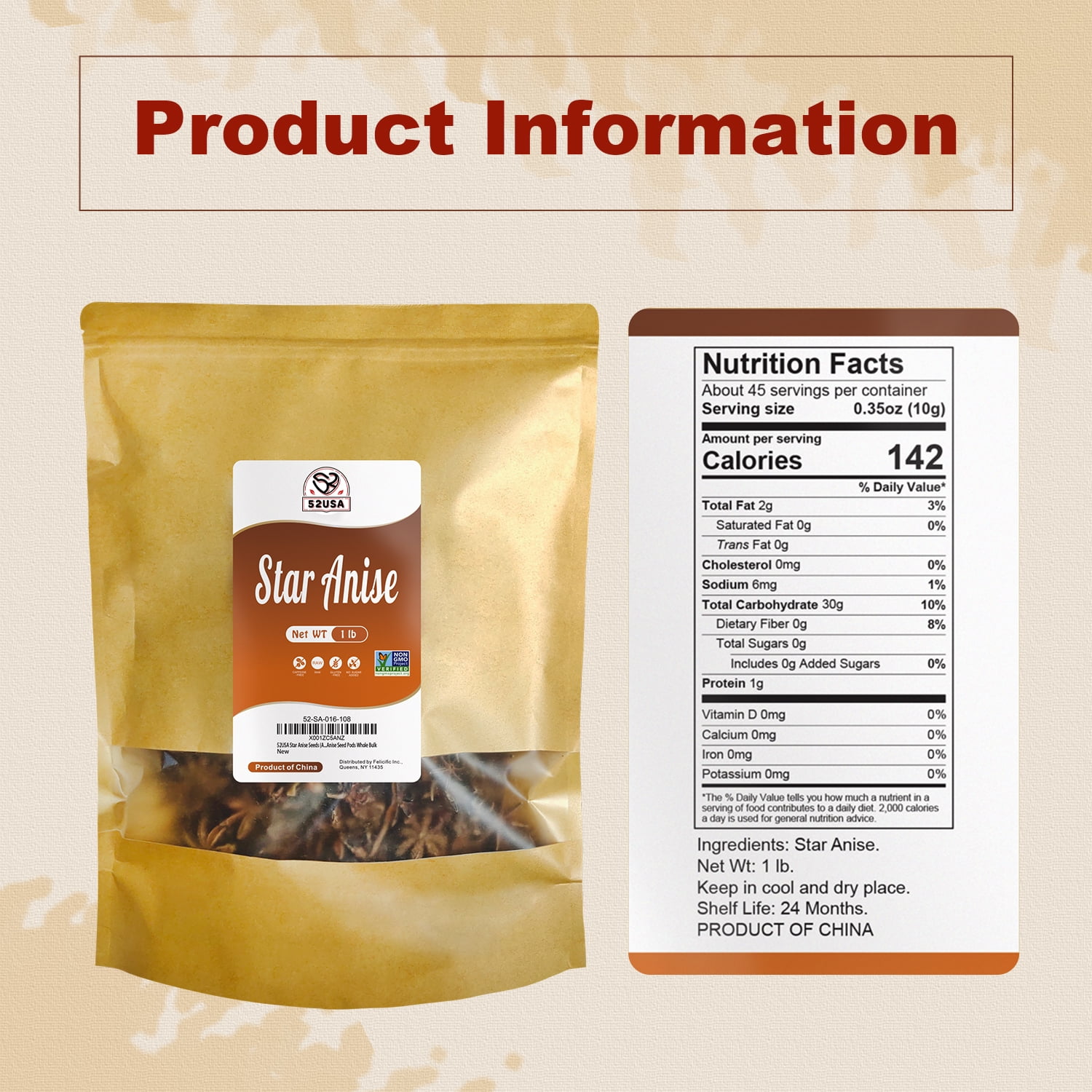 52USA Star Anise Seeds (Anis Estrella) 16OZ, Whole Chinese Star Anise Pods, Dried Anise Star Spice, Star Anise Seed Pods Whole Bulk