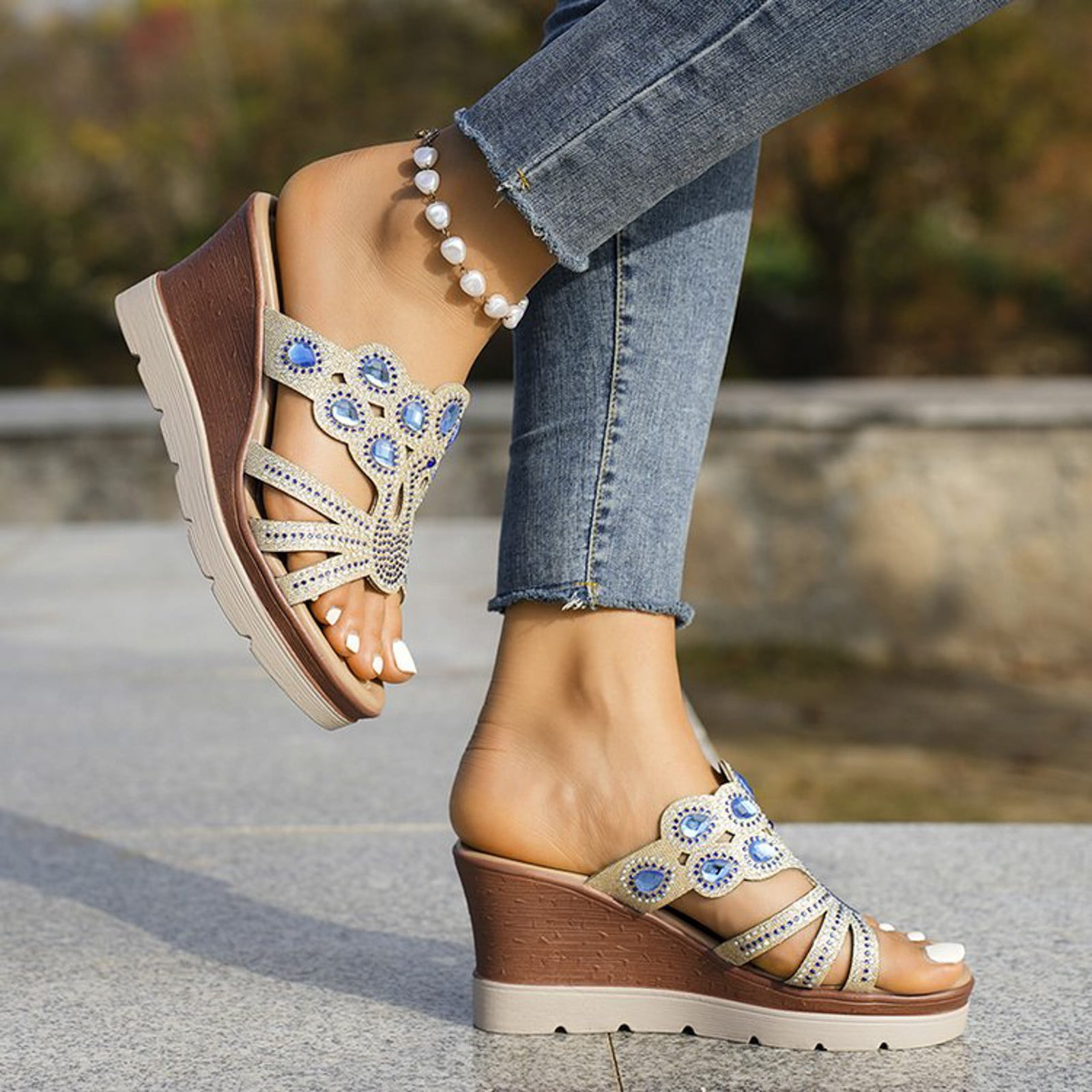 eczipvz Womens Shoes Women s Fashion Wedge Sandals Strap Diamond Wedge High Heels Blue Walmart