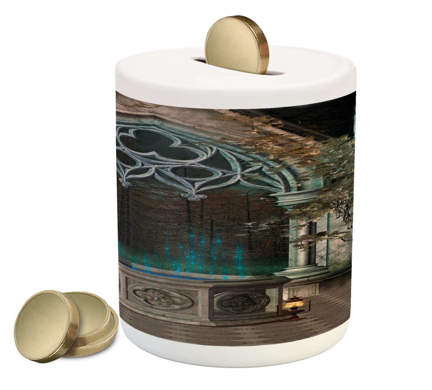Gothic Piggy Bank, Patio with Enchanted Wishing Well Ivy on Antique Gateway to Forest, Ceramic Coin Bank Money Box for Cash Saving, 3.6" X 3.2", Grey Teal, by Ambesonne - image 1 of 4