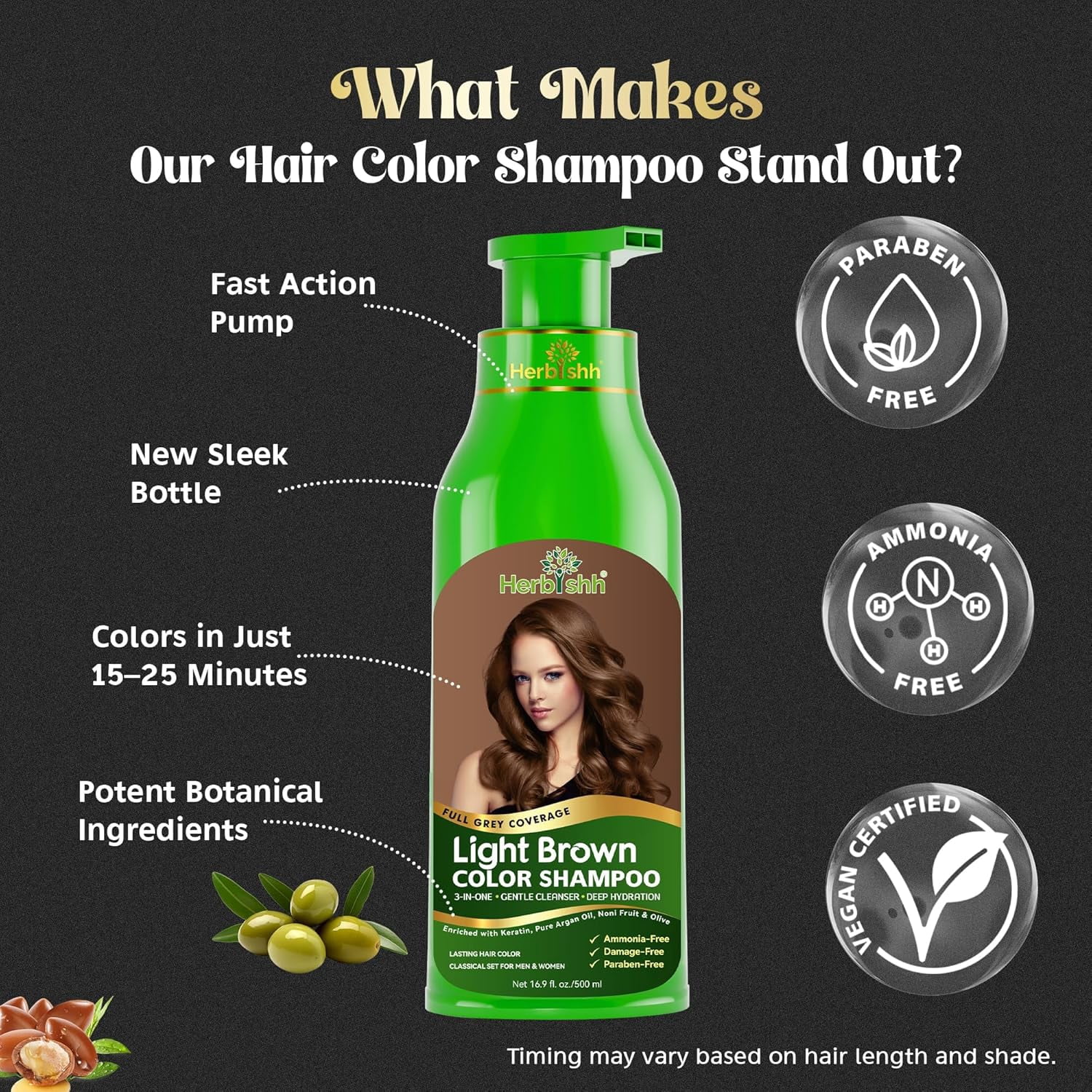 Herbishh Light Brown Hair Color Shampoo for Gray Hair, Permanent Color for Men & Women, 3-in-1 Color+Shampoo+Conditioner, 500ml – Buy 1 Get 1 Free